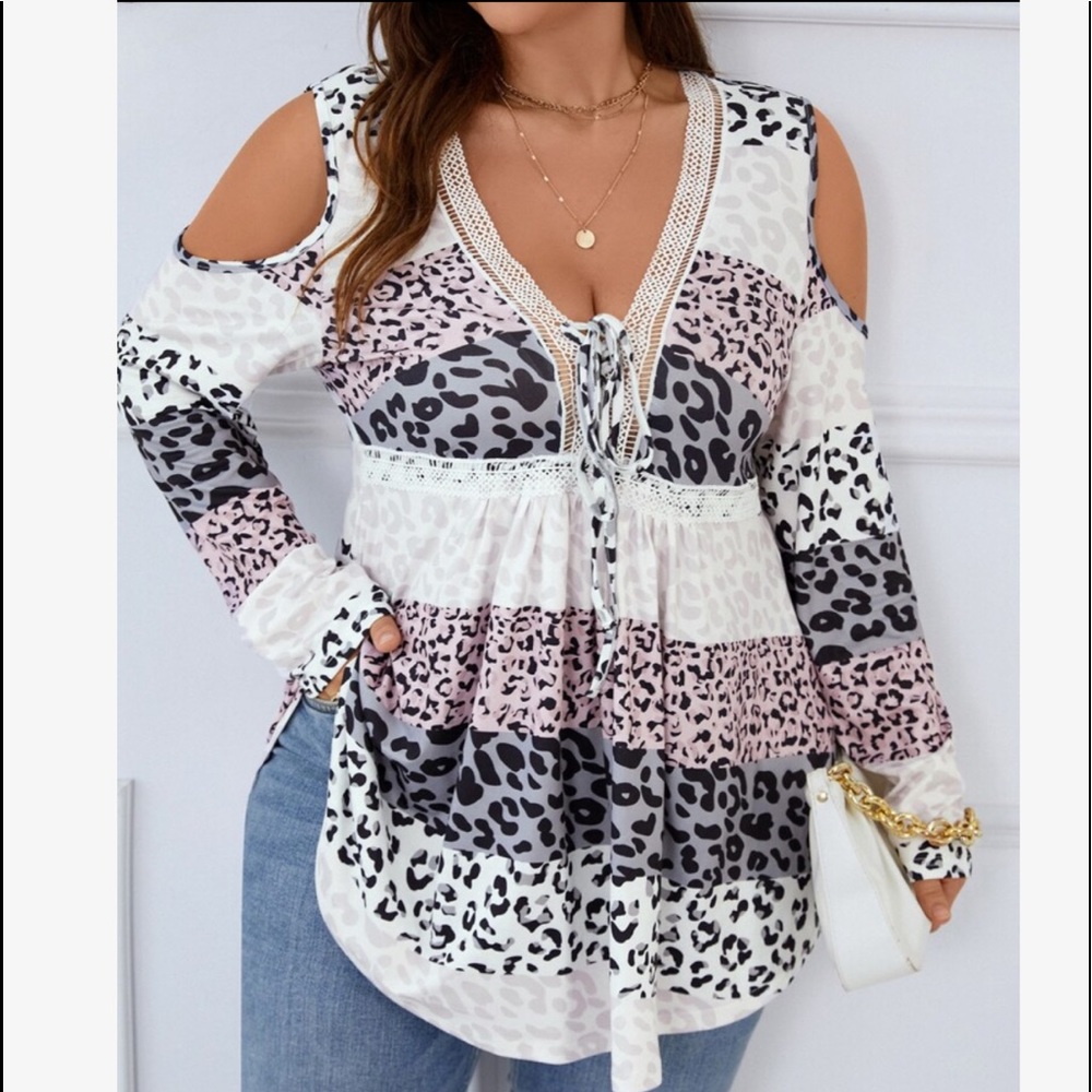 Plus Size Leopard Patchwork Print Colorblock Cold Shoulder Tie Front Top Blouse - Picture 6 of 6